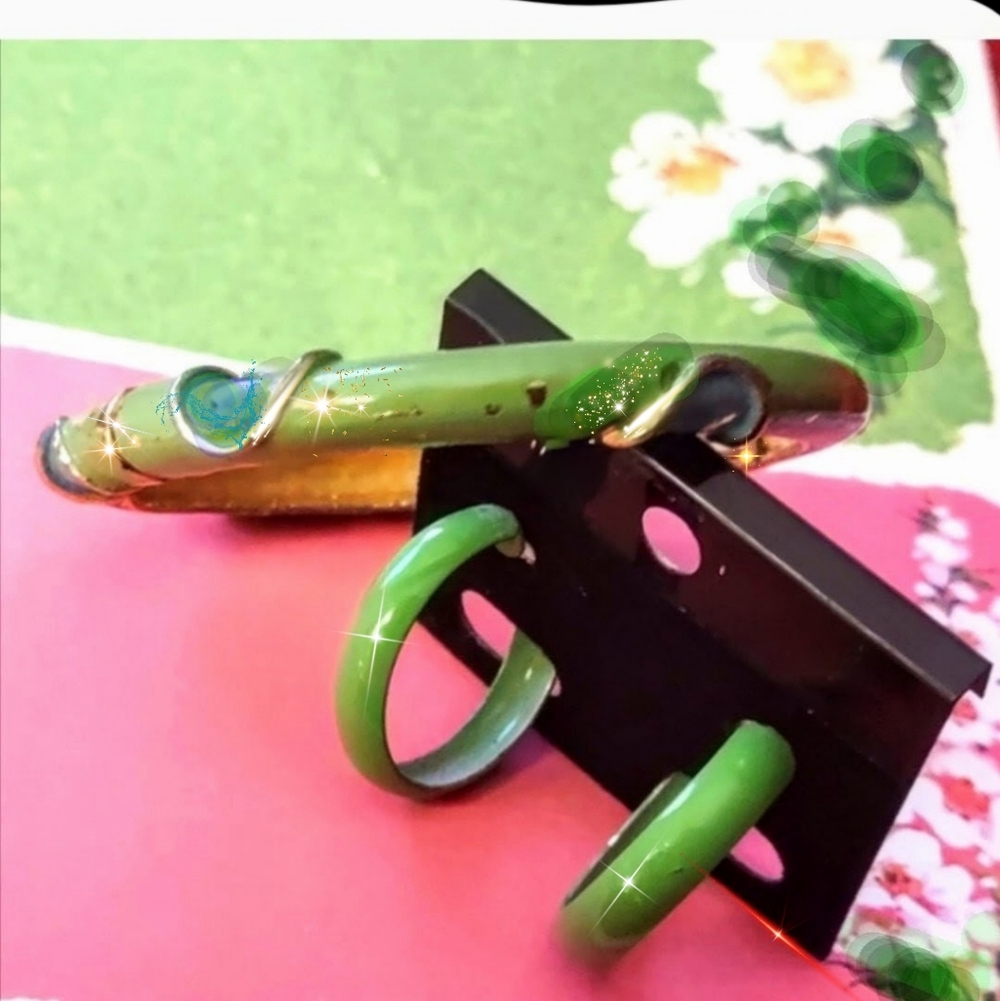 Lot Of 2: Retro Goldtone Bright Green & Aqua Blue Vintage Enamel Combo